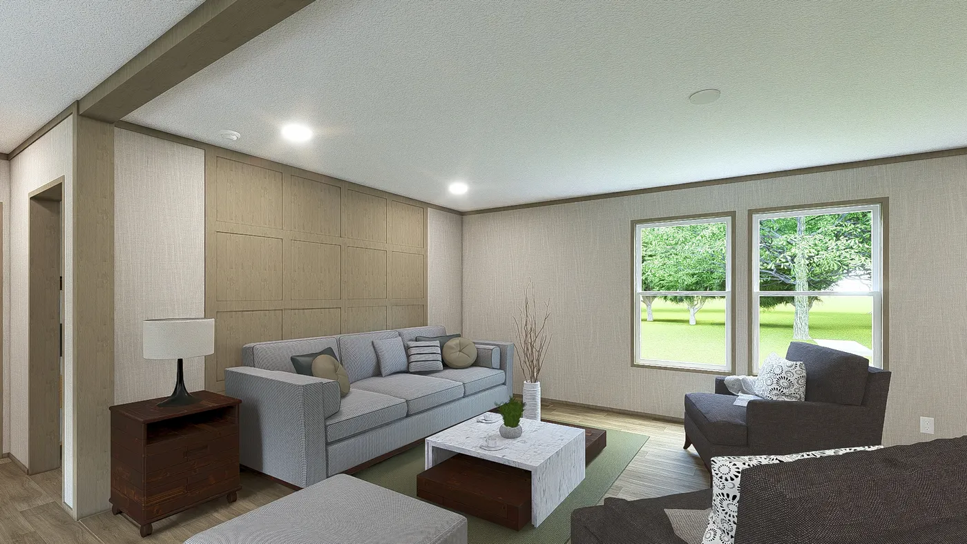 The RIO Living Room. This Manufactured Mobile Home features 3 bedrooms and 2 baths.