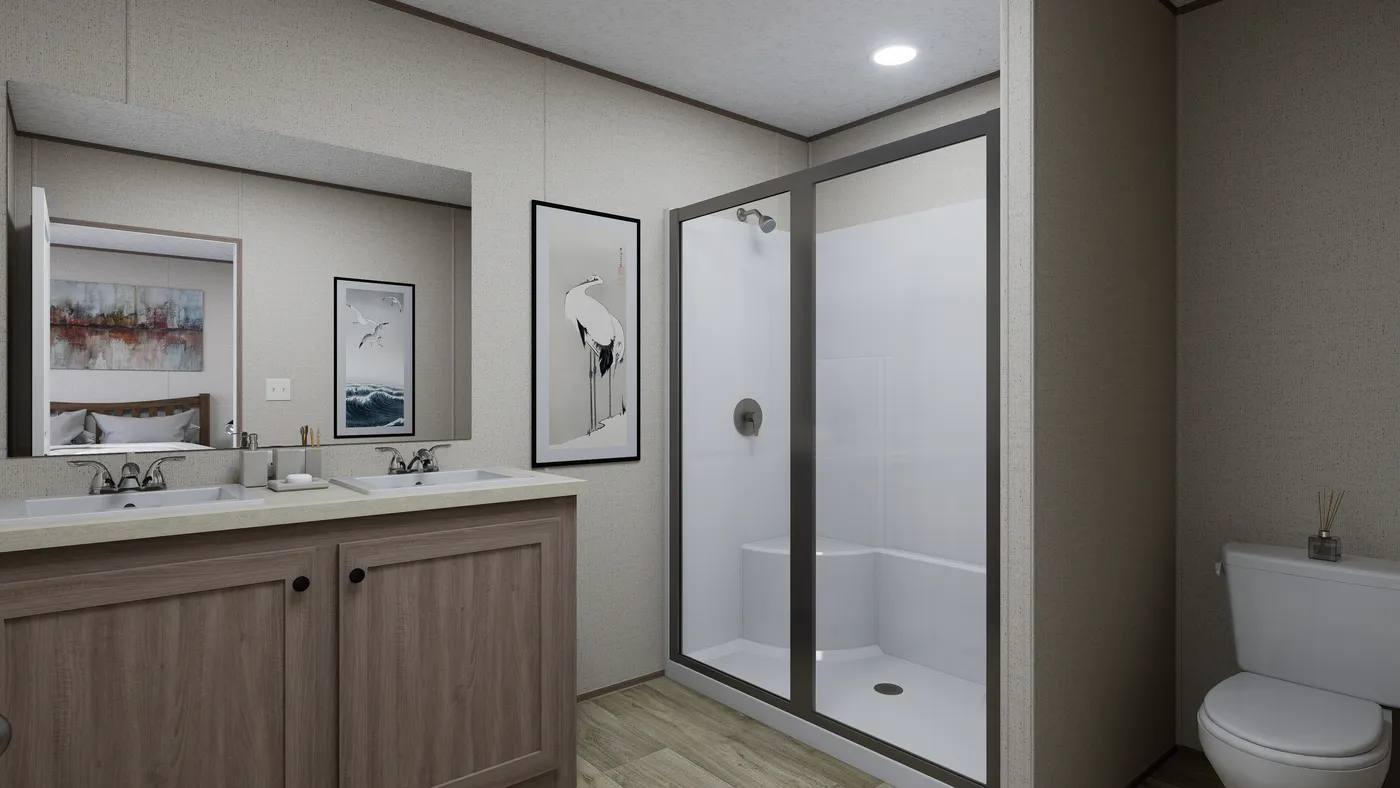 The FOOTHILLS 72 Primary Bathroom. This Manufactured Mobile Home features 3 bedrooms and 2 baths.