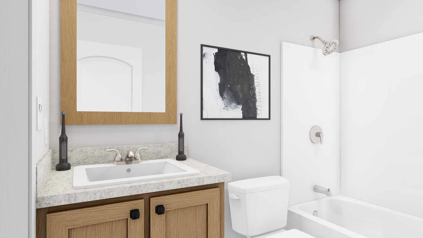 The JOHNNY B GOODE Guest Bathroom. This Modular Home features 3 bedrooms and 2 baths.