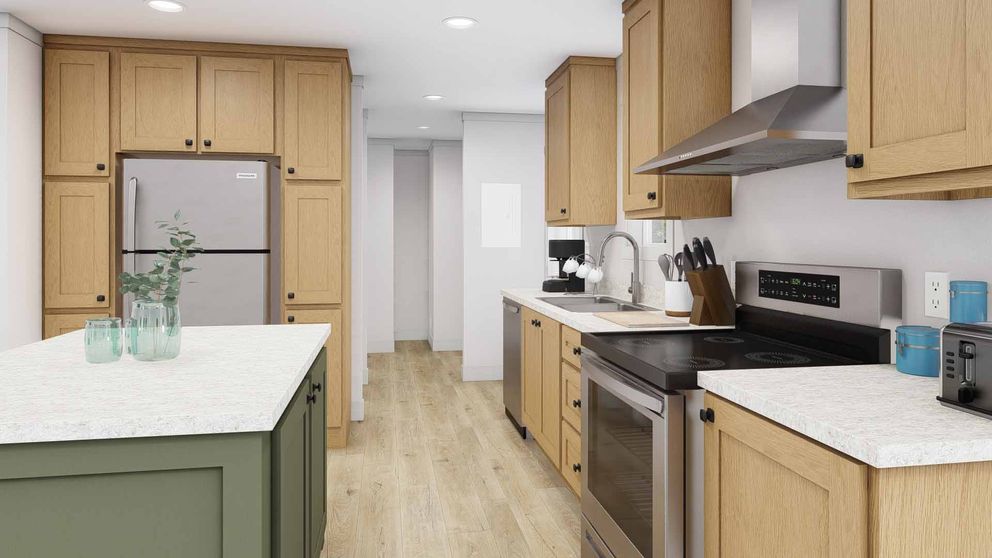 The RISING SUN Kitchen. This Manufactured Mobile Home features 2 bedrooms and 2 baths.