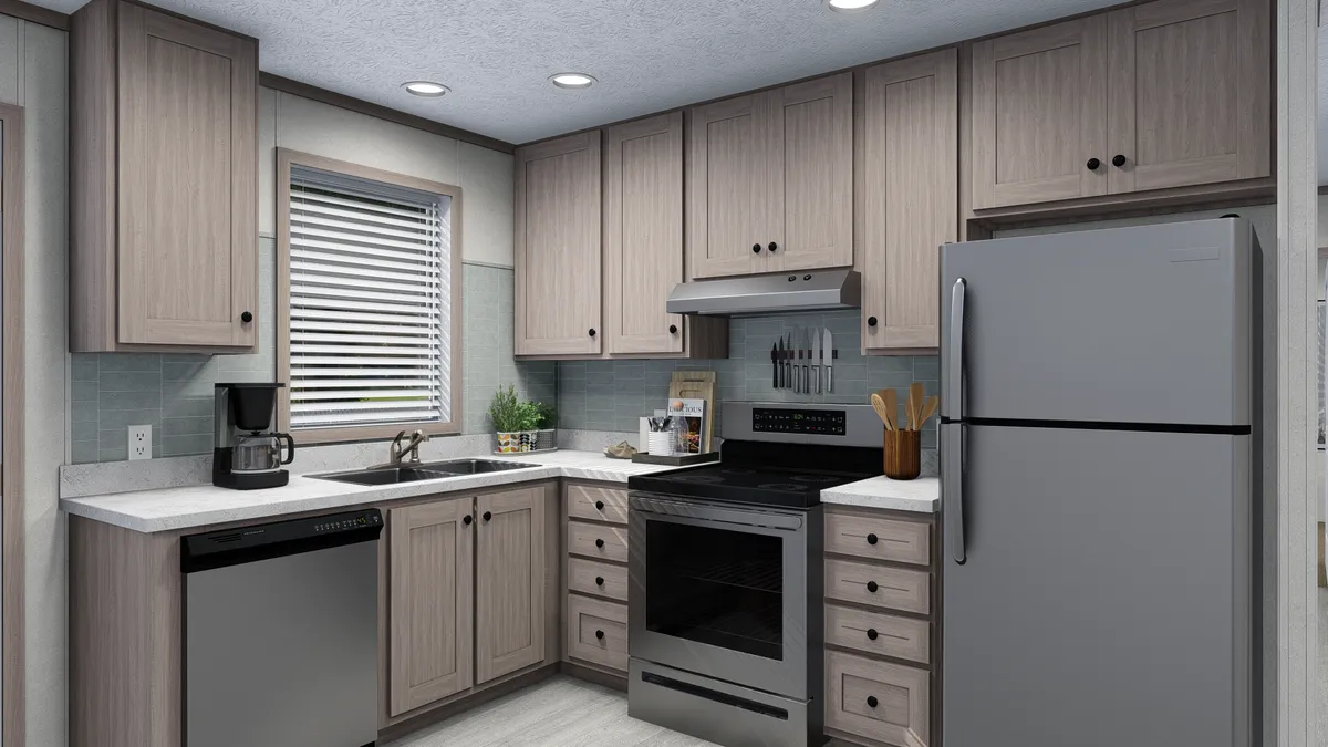 The 4016-4770 THE PULSE Kitchen. This Manufactured Mobile Home features 1 bedroom and 1 bath.