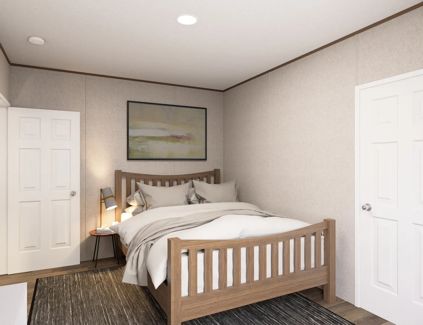 The SPRUCE Guest Bedroom. This Manufactured Mobile Home features 3 bedrooms and 2 baths.