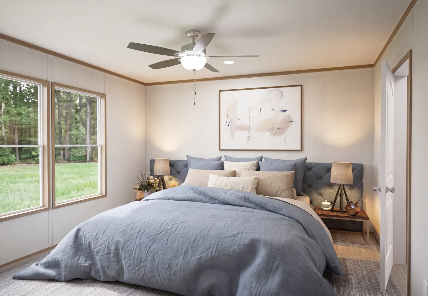 The THE MOUNTAINEER 68 Primary Bedroom. This Manufactured Mobile Home features 4 bedrooms and 2 baths.