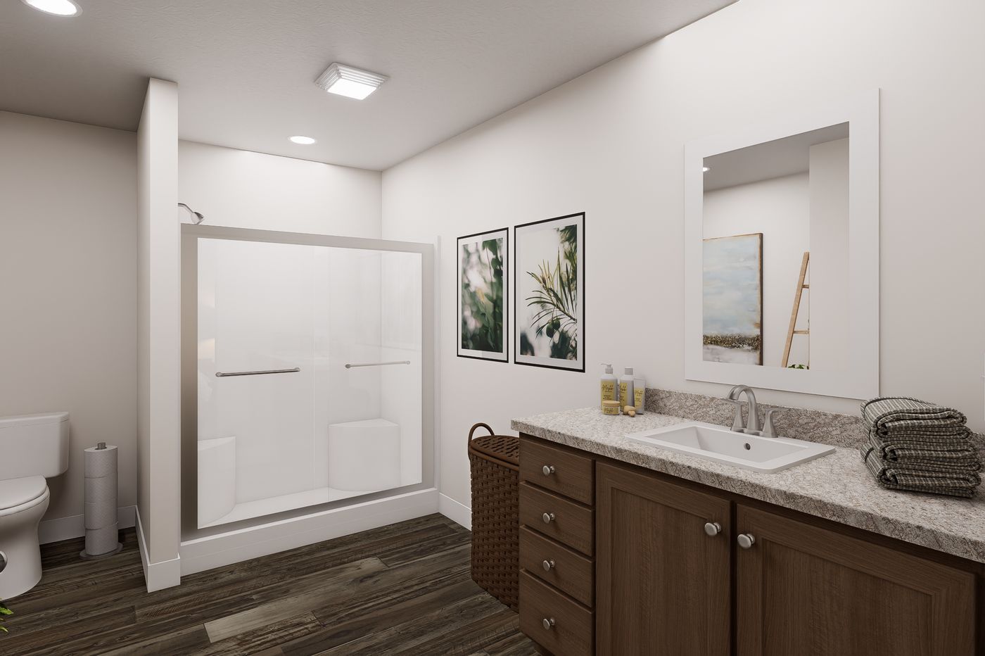 The 5628-MS068 CARMEL Primary Bathroom. This Manufactured Mobile Home features 3 bedrooms and 2 baths.