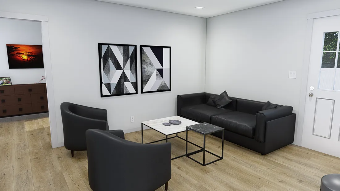 The RHYTHM NATION 6616 TEMPO Living Room. This Manufactured Mobile Home features 3 bedrooms and 2 baths.