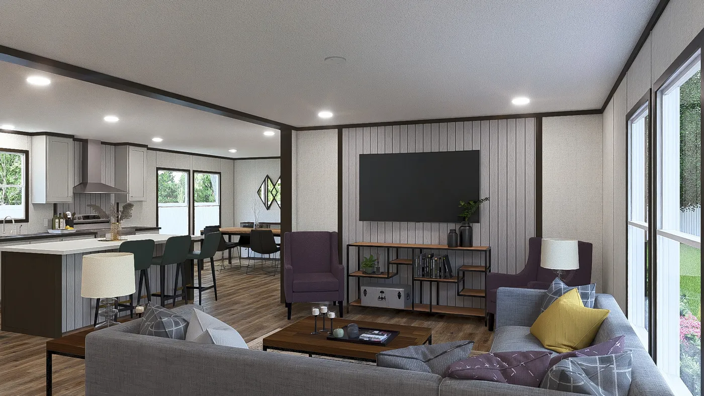 The OCCASSION Living Room. This Manufactured Mobile Home features 4 bedrooms and 2 baths.