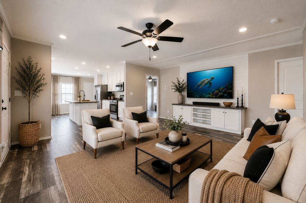 The NORTHSHORE Living Room. This Manufactured Mobile Home features 3 bedrooms and 2 baths.