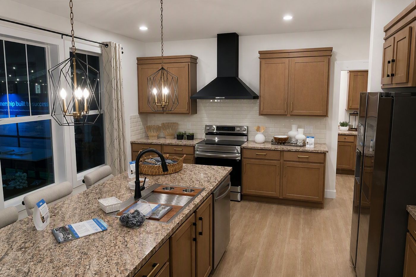 The MCCANN BLVD 6830-MS070 SECT Kitchen. with black range hood
