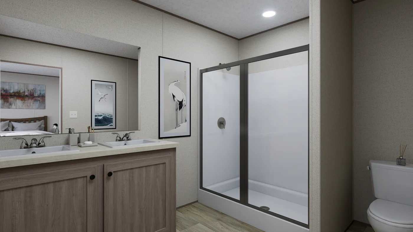 The FOOTHILLS 76 Primary Bathroom. This Manufactured Mobile Home features 3 bedrooms and 2 baths.