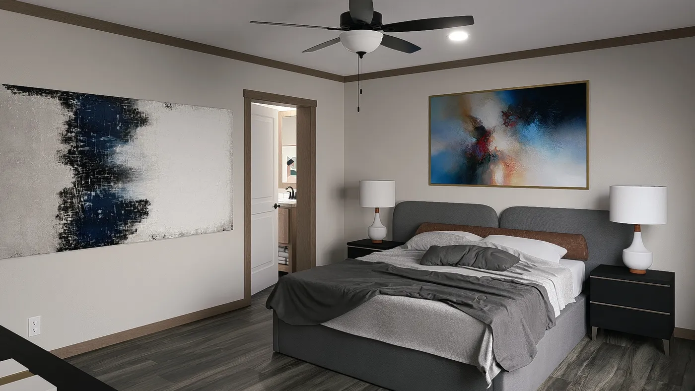 The LIZZIE Primary Bedroom. This Manufactured Mobile Home features 3 bedrooms and 2 baths.