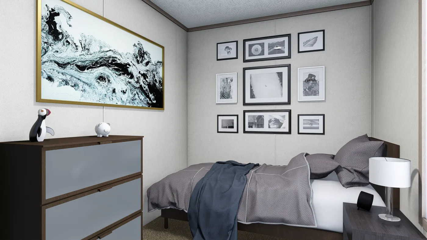 The 6614-4701 THE PULSE Guest Bedroom. This Manufactured Mobile Home features 3 bedrooms and 2 baths.