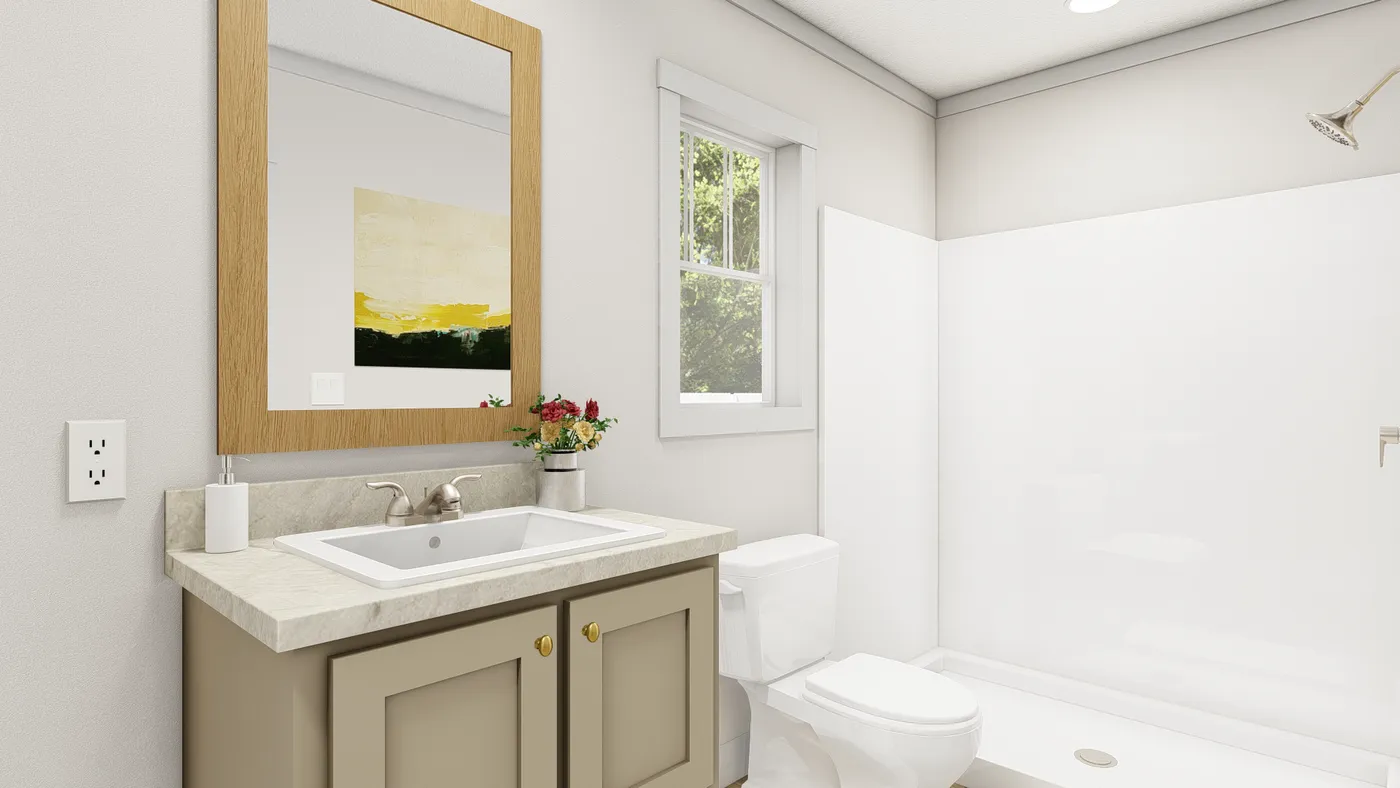 The WALK THE LINE Primary Bathroom. This Manufactured Mobile Home features 3 bedrooms and 2 baths.