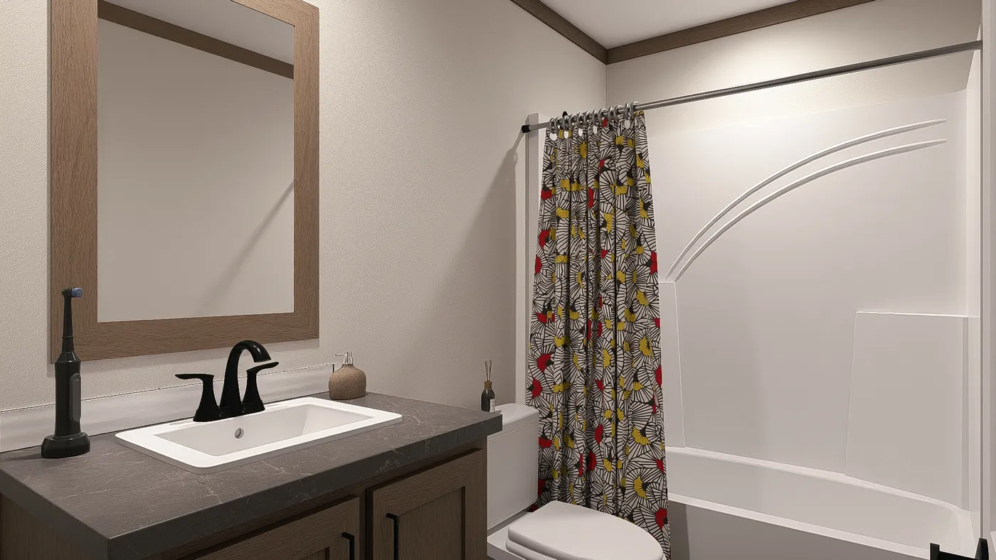 The FARM 4 FLEX Guest Bathroom. This Manufactured Mobile Home features 4 bedrooms and 3 baths.
