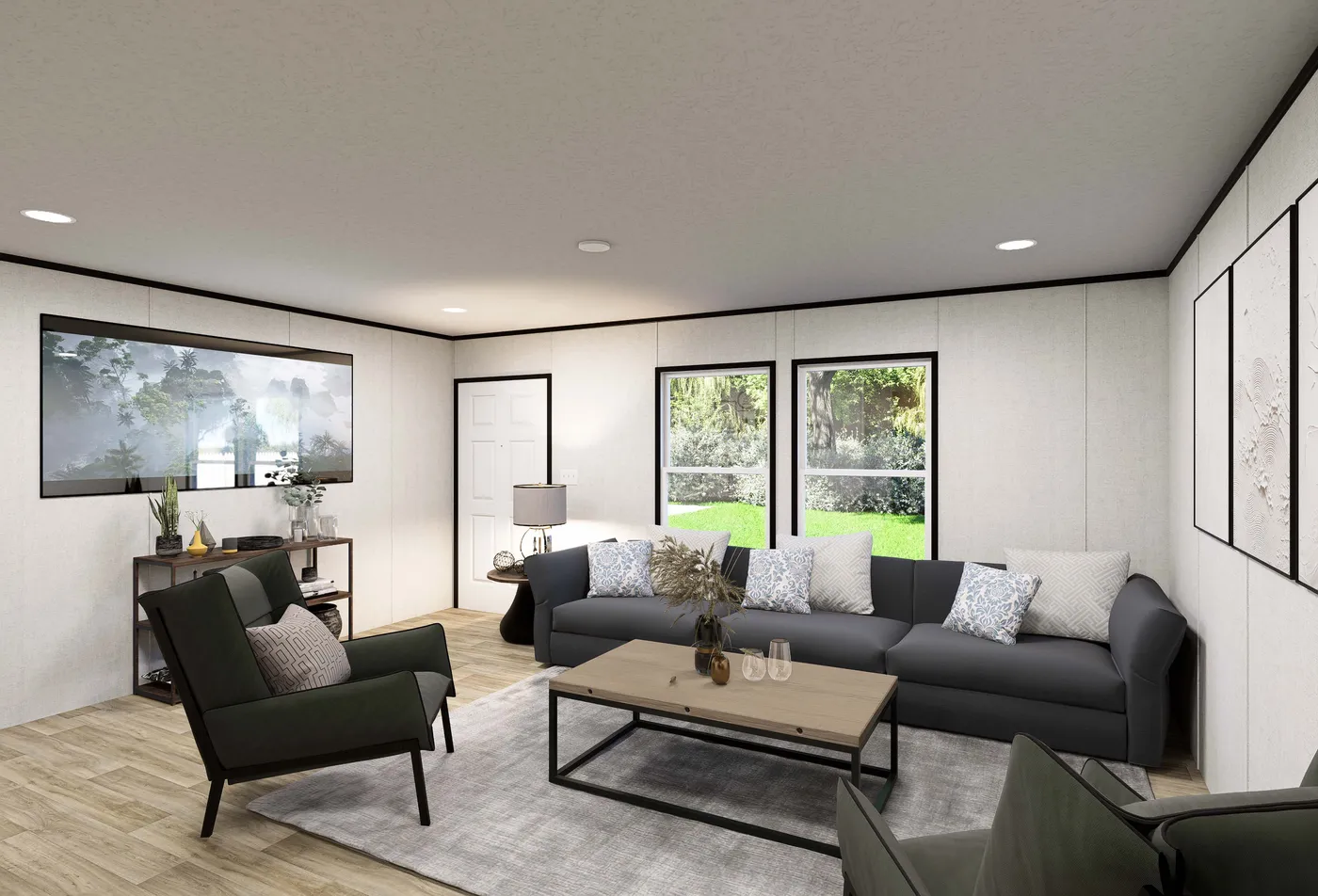 The DAWN Living Room. This Manufactured Mobile Home features 3 bedrooms and 2 baths.