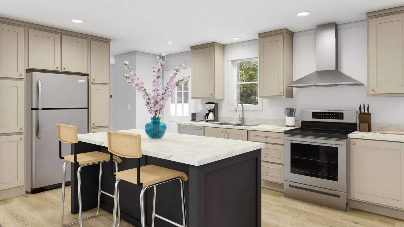 The PURPLE RAIN Kitchen. This Manufactured Mobile Home features 3 bedrooms and 2 baths.
