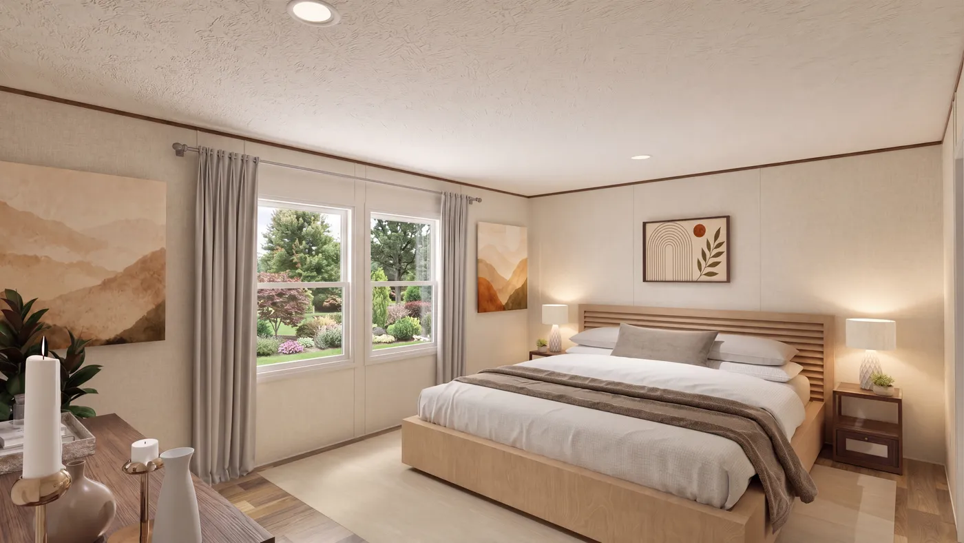 The SYCAMORE Primary Bedroom. This Manufactured Mobile Home features 4 bedrooms and 2 baths.