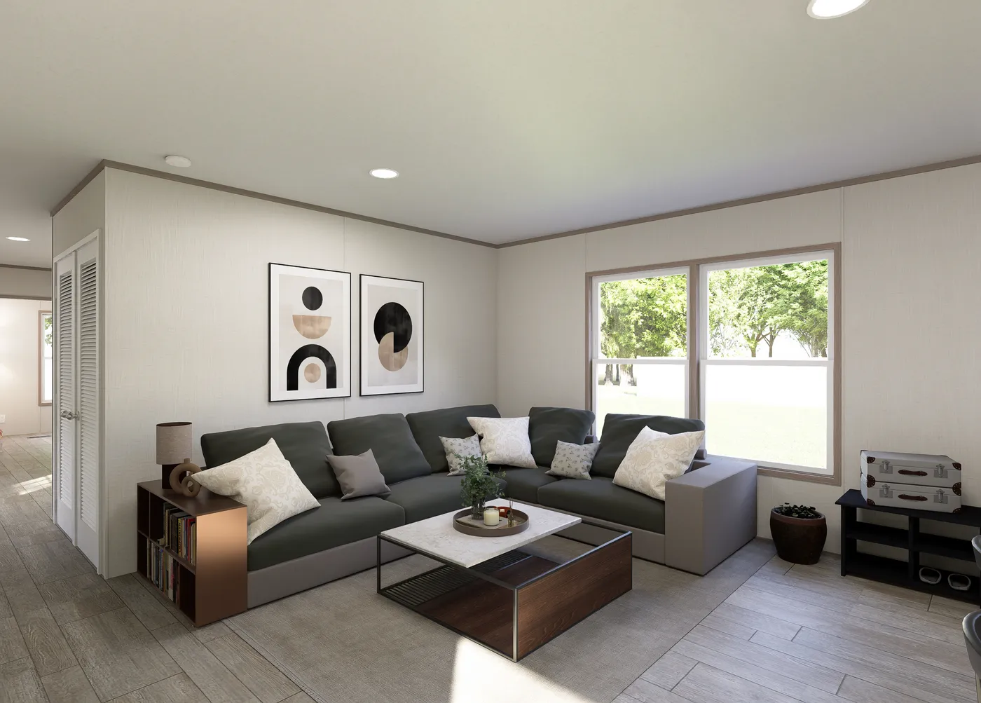 The FLEX COASTAL BREEZE Living Room. This Manufactured Mobile Home features 3 bedrooms and 2 baths.