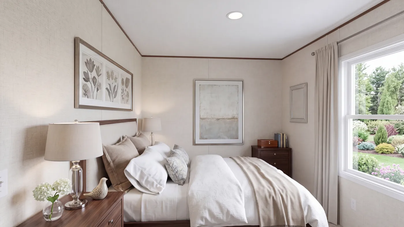The ELM Bedroom. This Manufactured Mobile Home features 2 bedrooms and 1 bath.