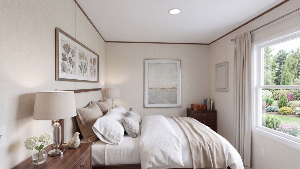The ELM Bedroom. This Manufactured Mobile Home features 2 bedrooms and 1 bath.