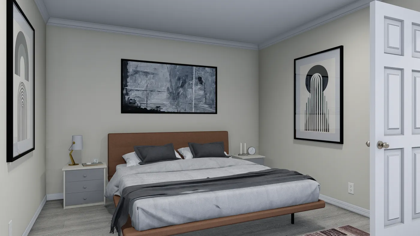 The 5404 "FONTANA" 7616 Primary Bedroom. This Manufactured Mobile Home features 3 bedrooms and 2 baths.