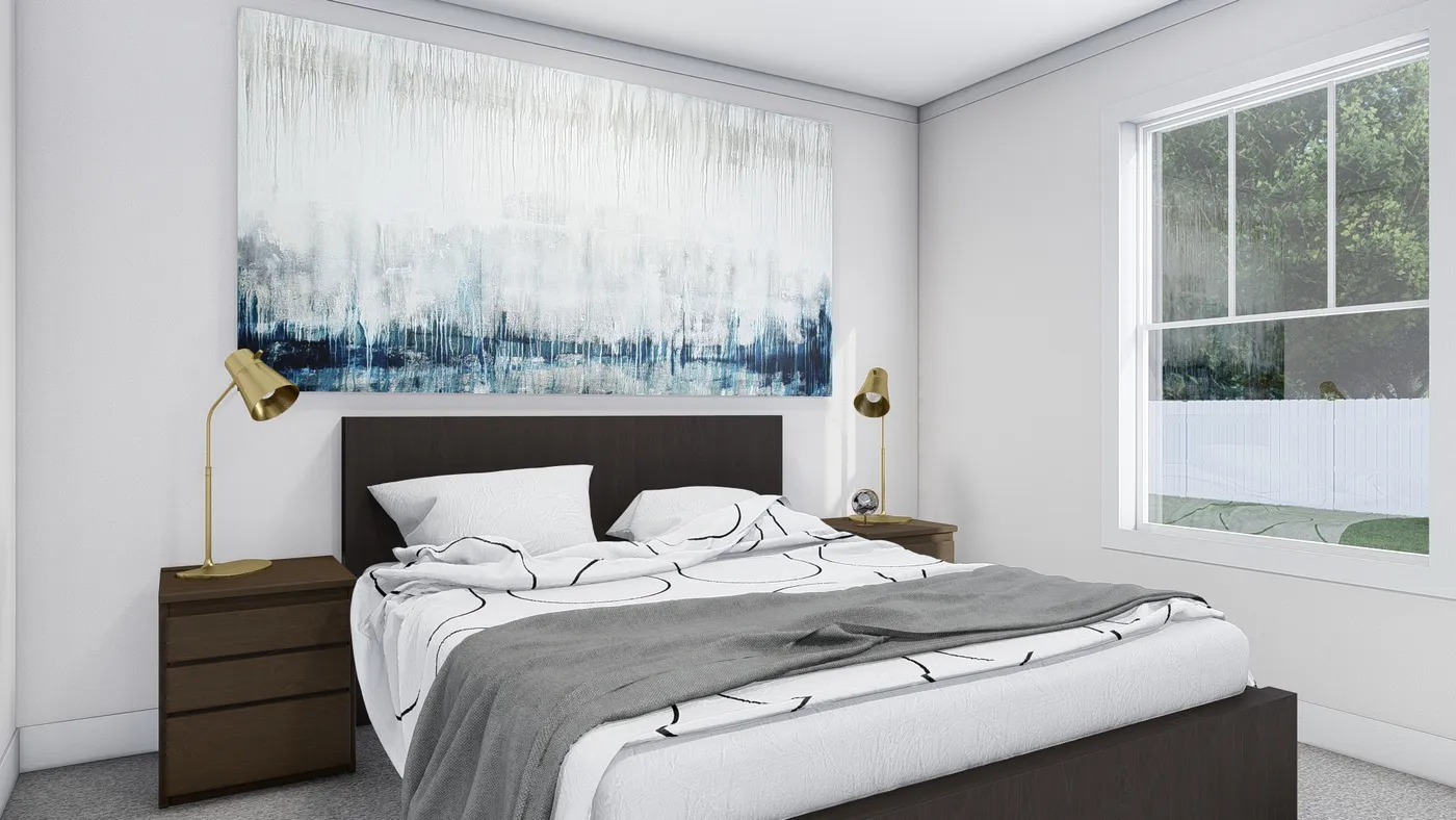 The RISING SUN Primary Bedroom. This Manufactured Mobile Home features 2 bedrooms and 2 baths.