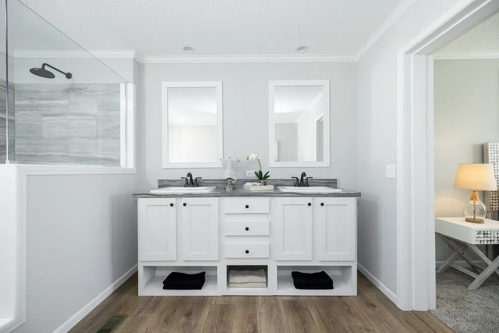 The THE JEFFERSON Primary Bathroom. This Manufactured Mobile Home features 3 bedrooms and 2 baths.