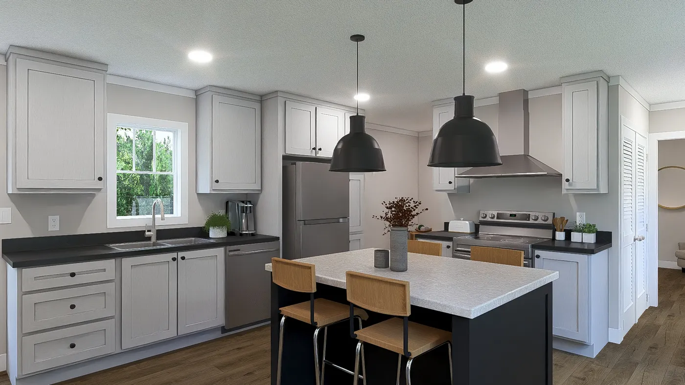 The BORN TO RUN Kitchen. This Manufactured Mobile Home features 2 bedrooms and 2 baths.