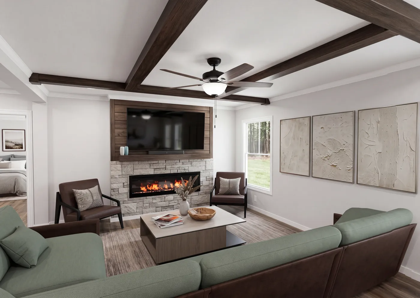 The THE ROOSEVELT Living Room. This Manufactured Mobile Home features 4 bedrooms and 3 baths.