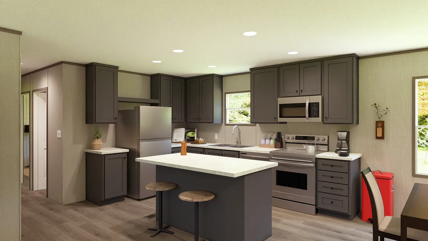 The LEGEND 28X56 4 BR Kitchen. This Manufactured Mobile Home features 4 bedrooms and 2 baths.