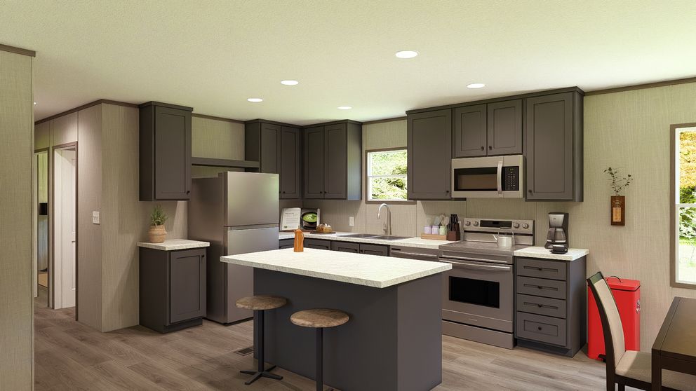 The LEGEND 28X56 4 BR Kitchen. This Manufactured Mobile Home features 4 bedrooms and 2 baths.
