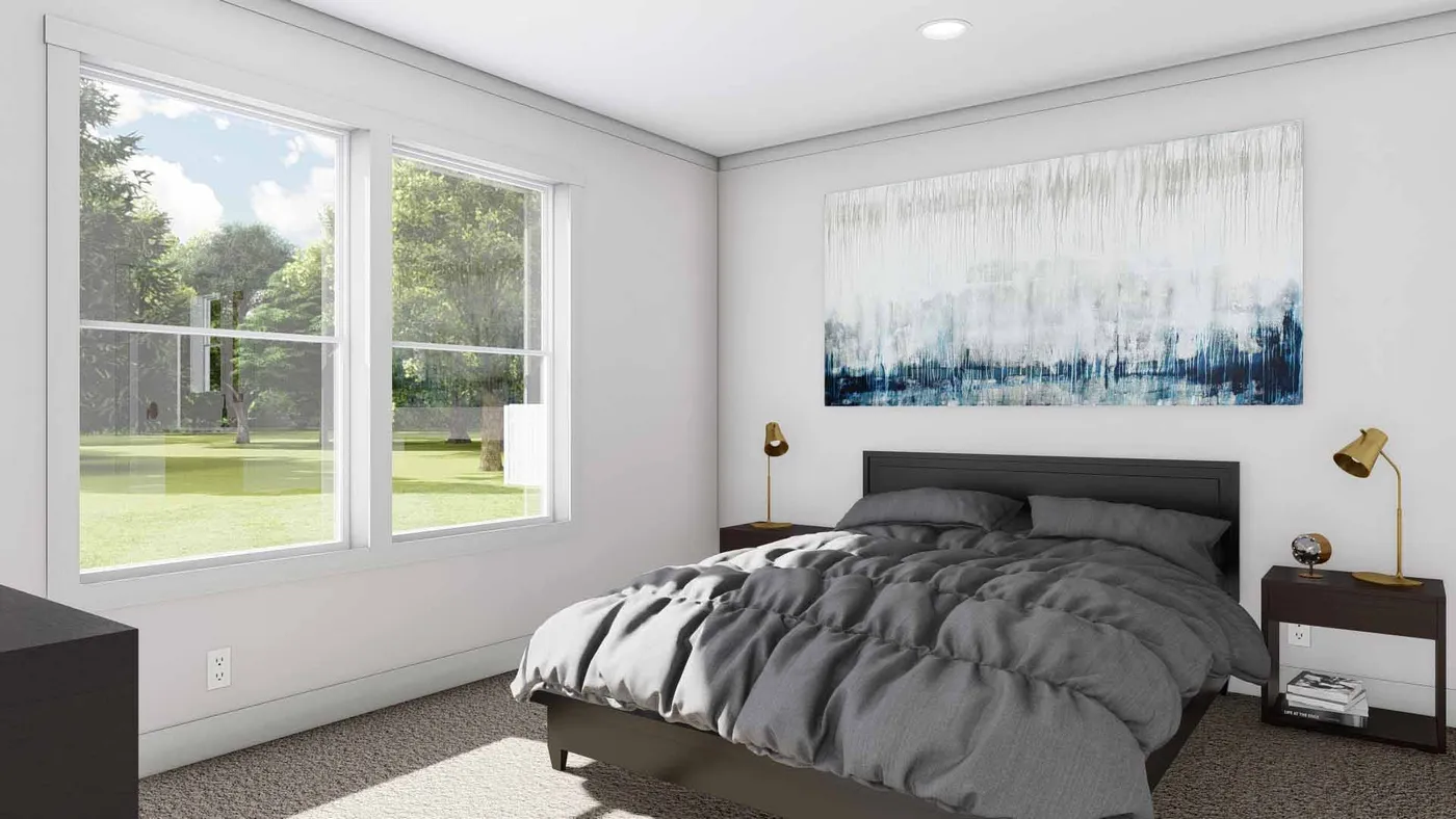 The PURPLE RAIN Primary Bedroom. This Manufactured Mobile Home features 3 bedrooms and 2 baths.
