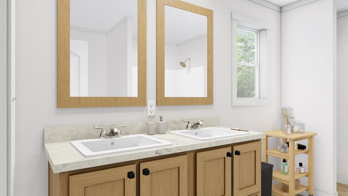 The 2010 "HEY JUDE" 7228 Primary Bathroom. This Manufactured Mobile Home features 5 bedrooms and 2 baths.