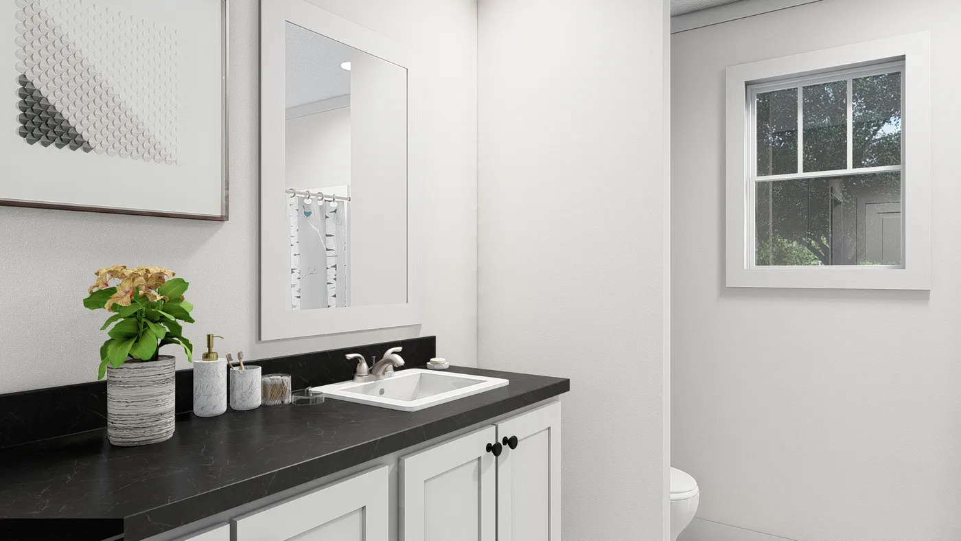 The ROCKET MAN Guest Bathroom. This Manufactured Mobile Home features 3 bedrooms and 2 baths.