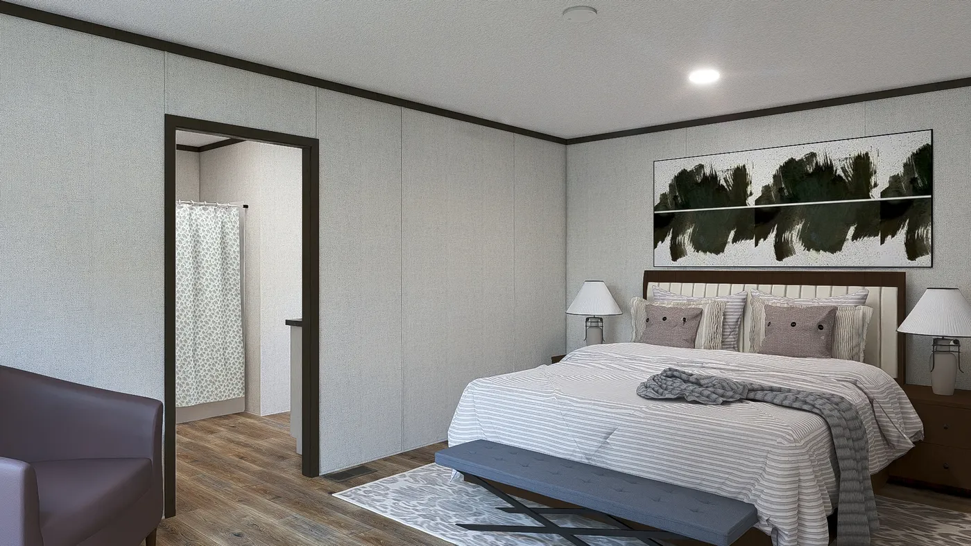 The SENSATION Primary Bedroom. This Manufactured Mobile Home features 3 bedrooms and 2 baths.