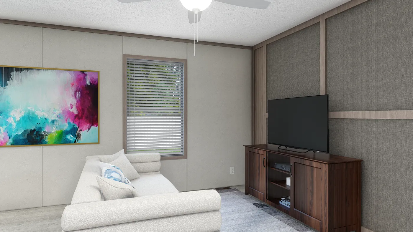 The 6616-4711 THE PULSE Living Room. This Manufactured Mobile Home features 3 bedrooms and 2 baths.