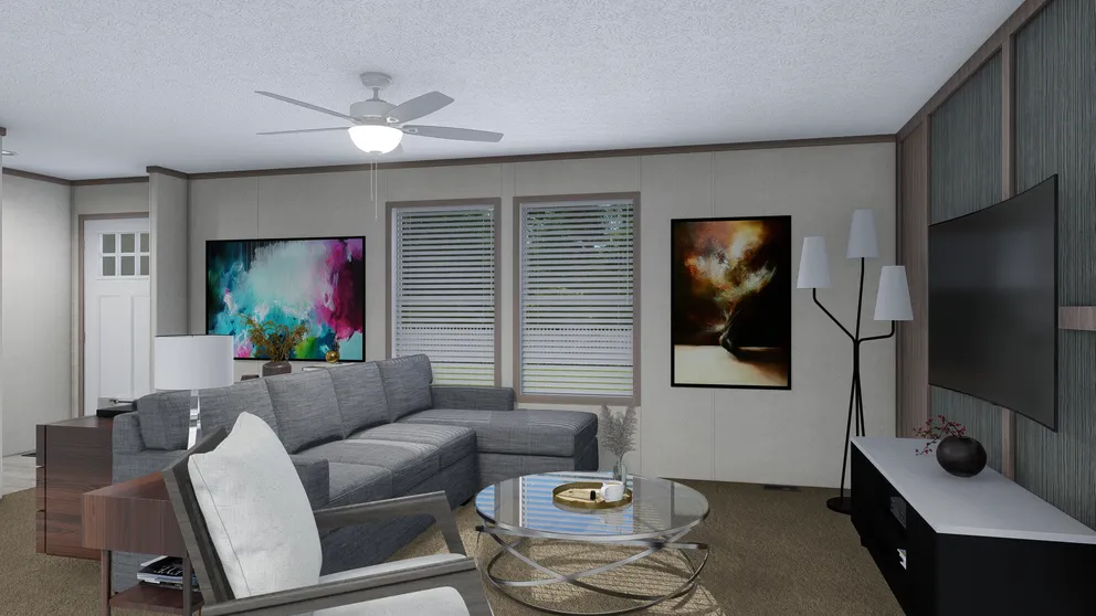 The 6428-E792 THE PULSE Living Room. This Manufactured Mobile Home features 3 bedrooms and 2.5 baths.