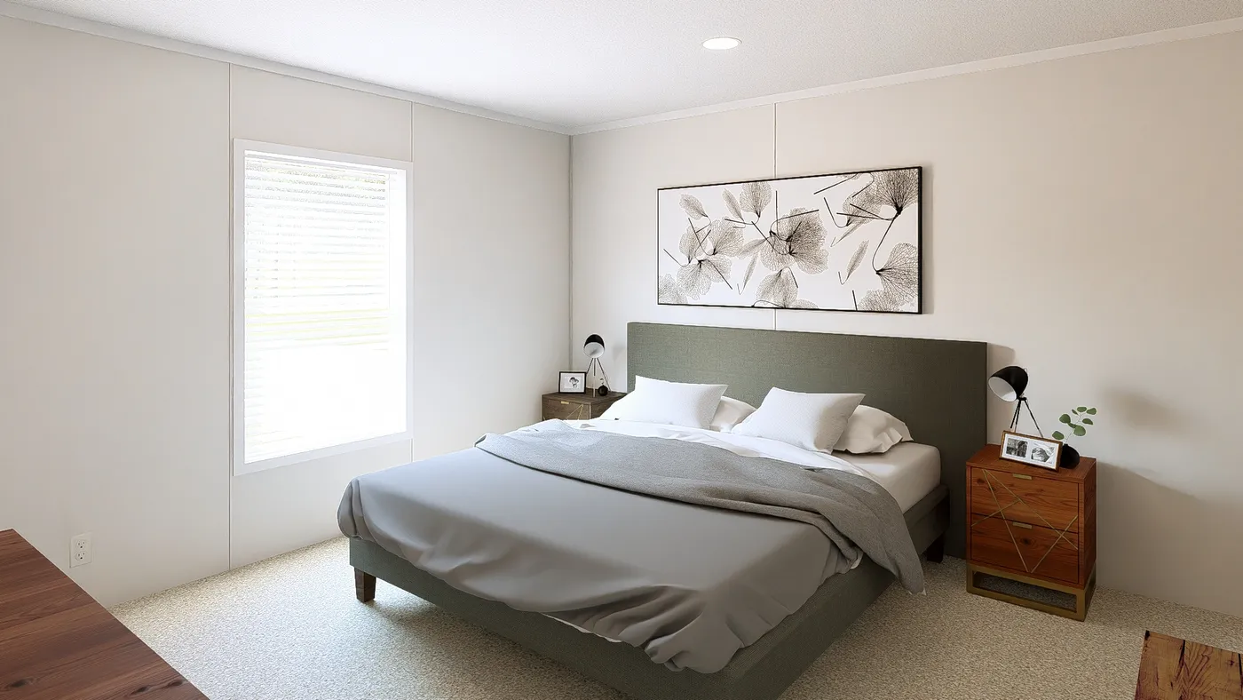The ZIRCON Primary Bedroom. This Manufactured Mobile Home features 3 bedrooms and 2 baths.