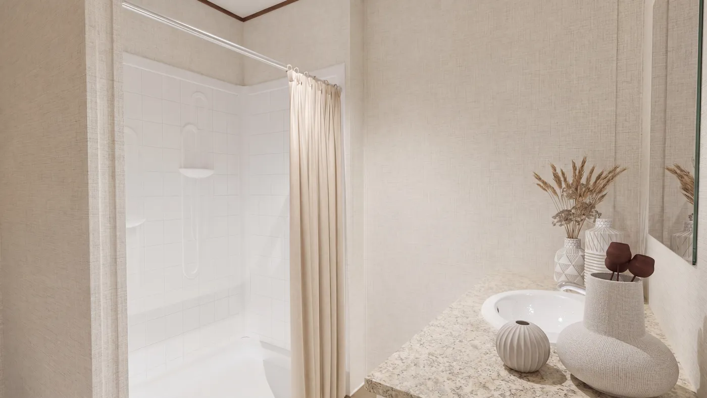 The SYCAMORE Primary Bathroom. This Manufactured Mobile Home features 4 bedrooms and 2 baths.
