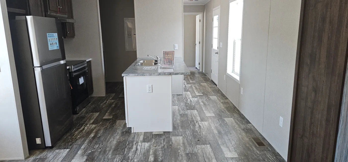 The ONYX 48 Kitchen. This Manufactured Mobile Home features 2 bedrooms and 1 bath.