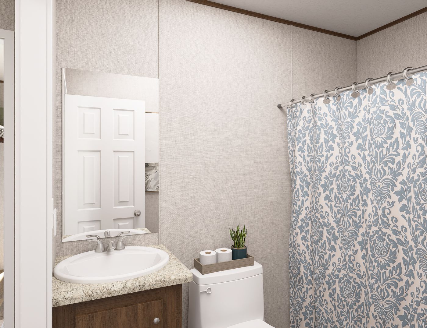 The TULIP Primary Bathroom. This Manufactured Mobile Home features 2 bedrooms and 1 bath.