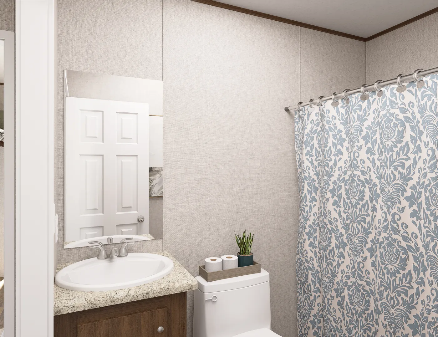 The TULIP Primary Bathroom. This Manufactured Mobile Home features 2 bedrooms and 1 bath.