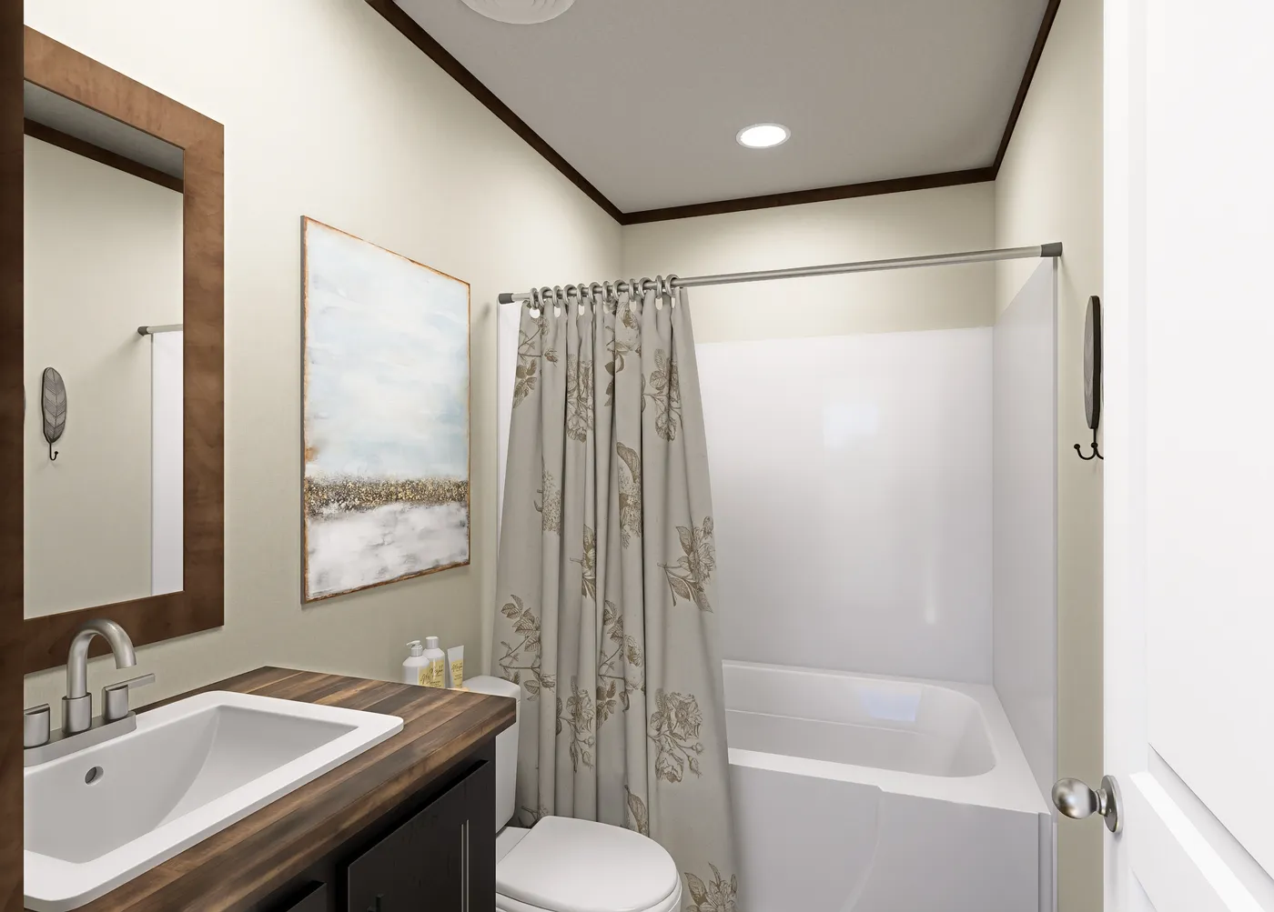 The POLO Primary Bathroom. This Manufactured Mobile Home features 2 bedrooms and 1 bath.