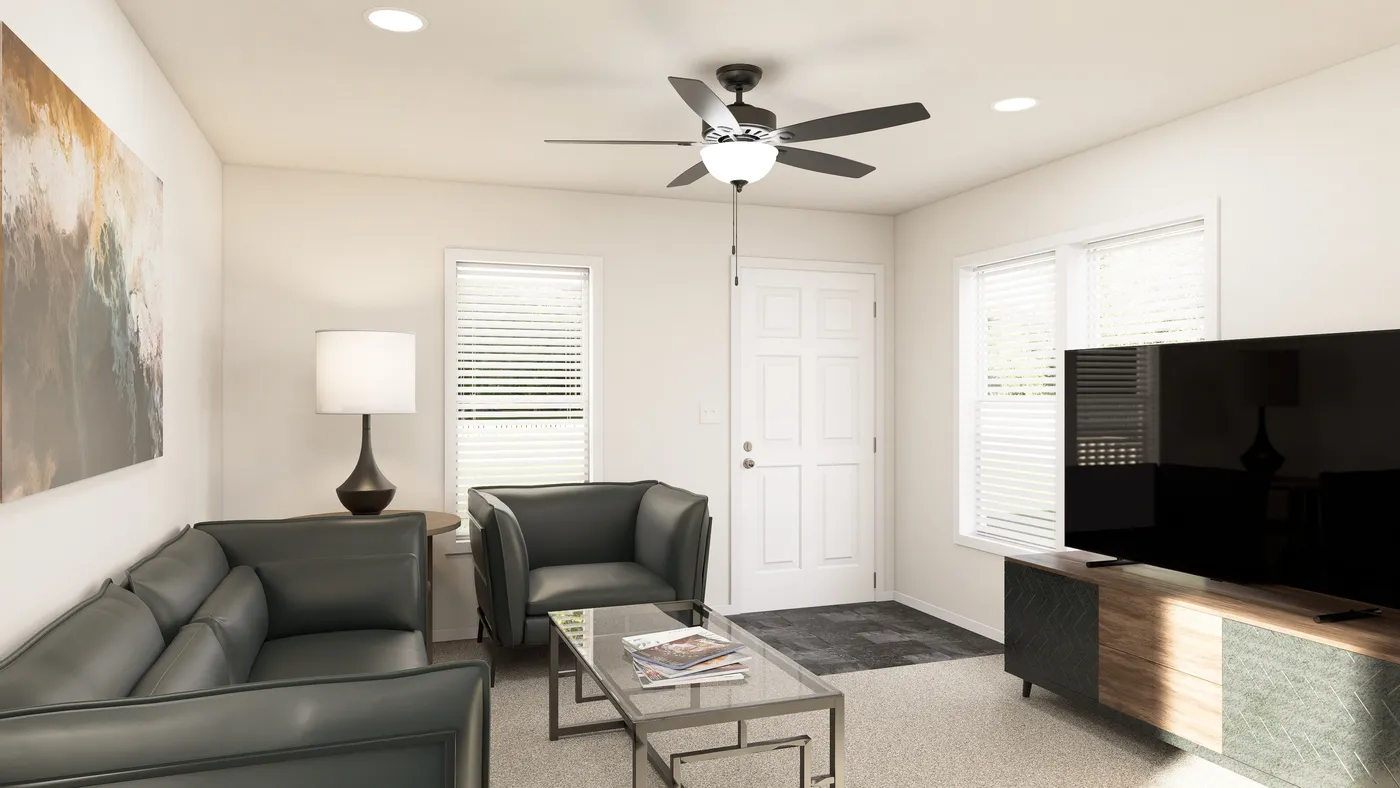 The DRM521M 52' DREAM Living Room. This Manufactured Mobile Home features 2 bedrooms and 1 bath.