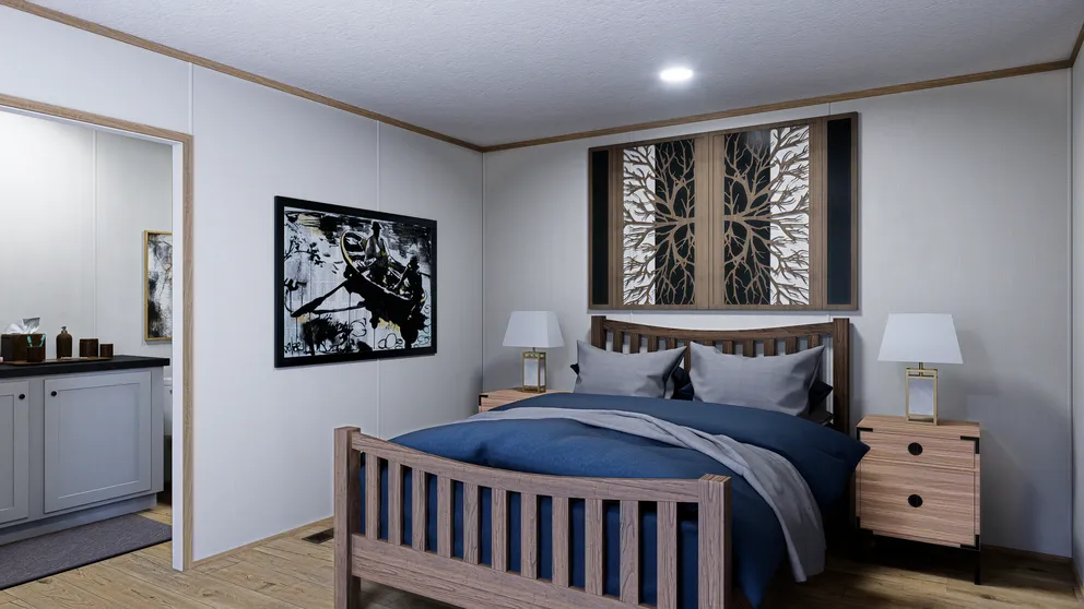 The LUMEN Primary Bedroom. This Manufactured Mobile Home features 3 bedrooms and 2 baths.