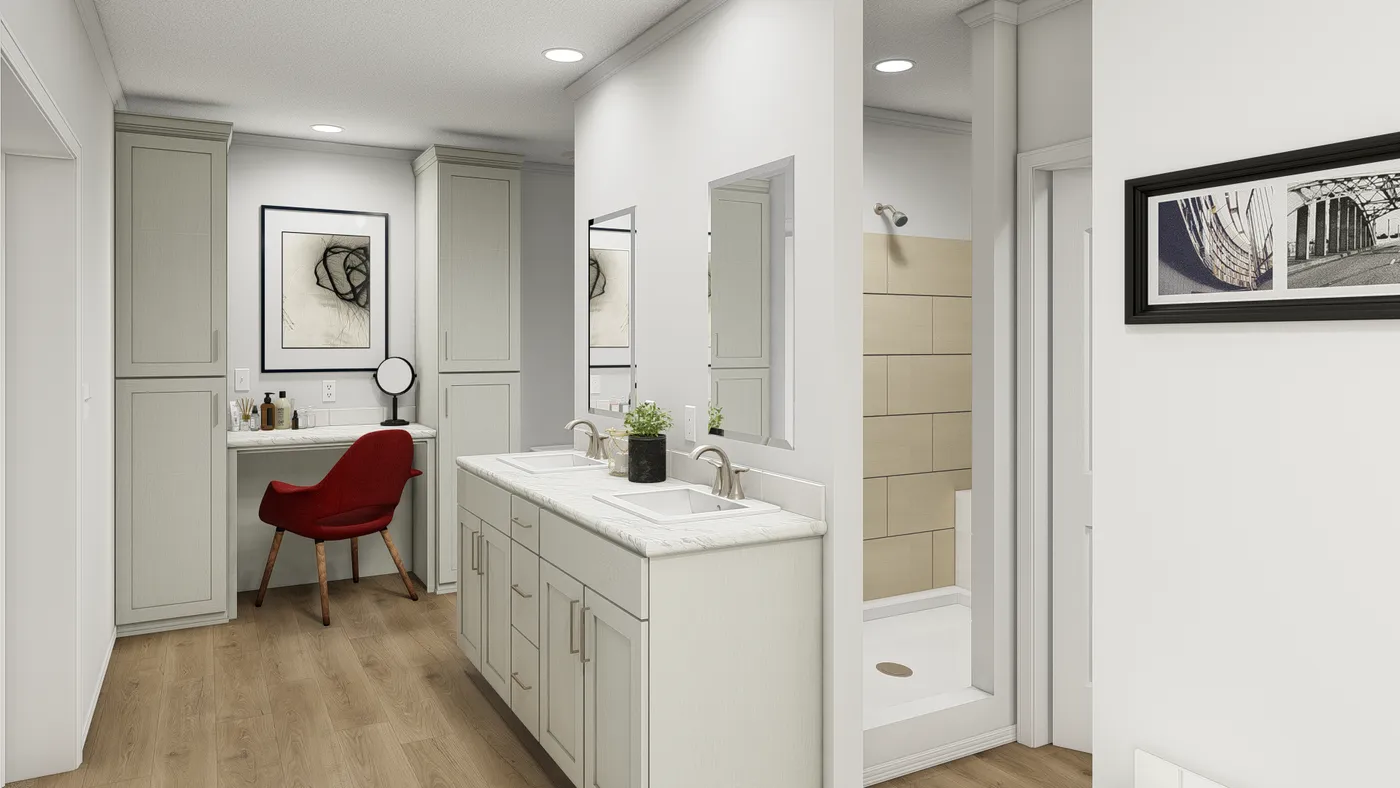 The TU3066A Primary Bathroom. This Manufactured Mobile Home features 3 bedrooms and 2 baths.