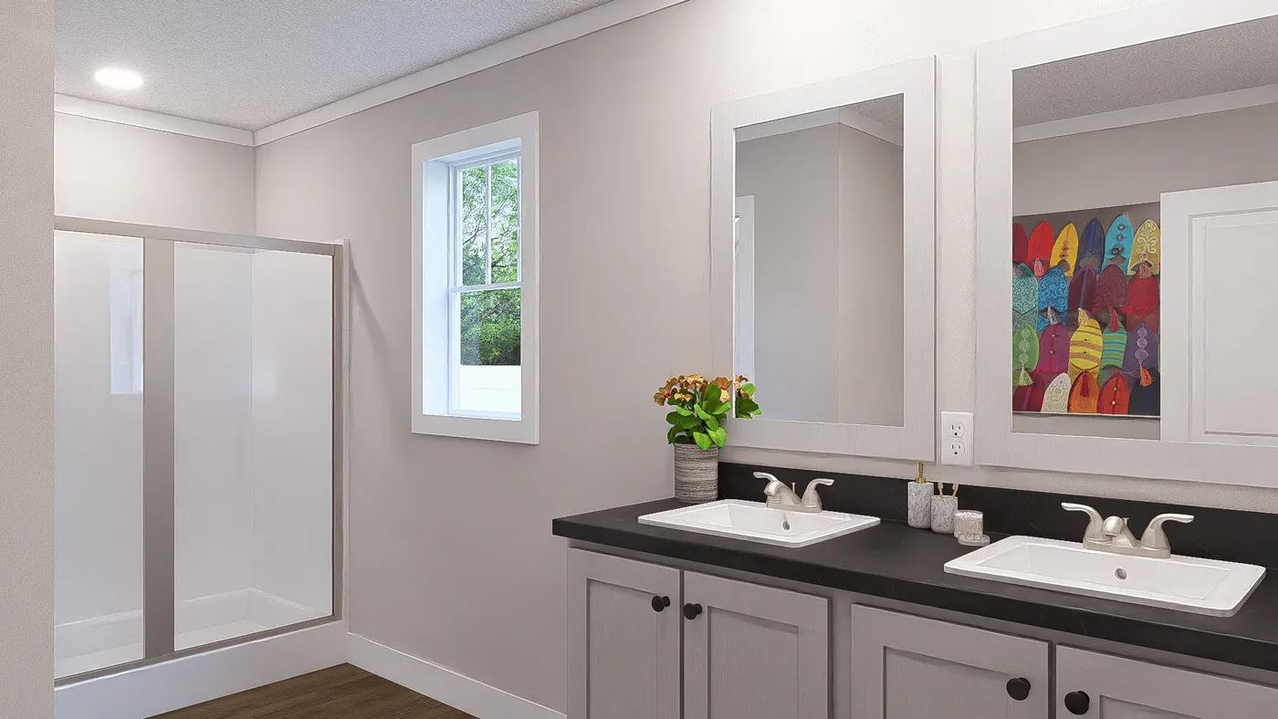 The LIMELIGHT Primary Bathroom. This Manufactured Mobile Home features 3 bedrooms and 2 baths.