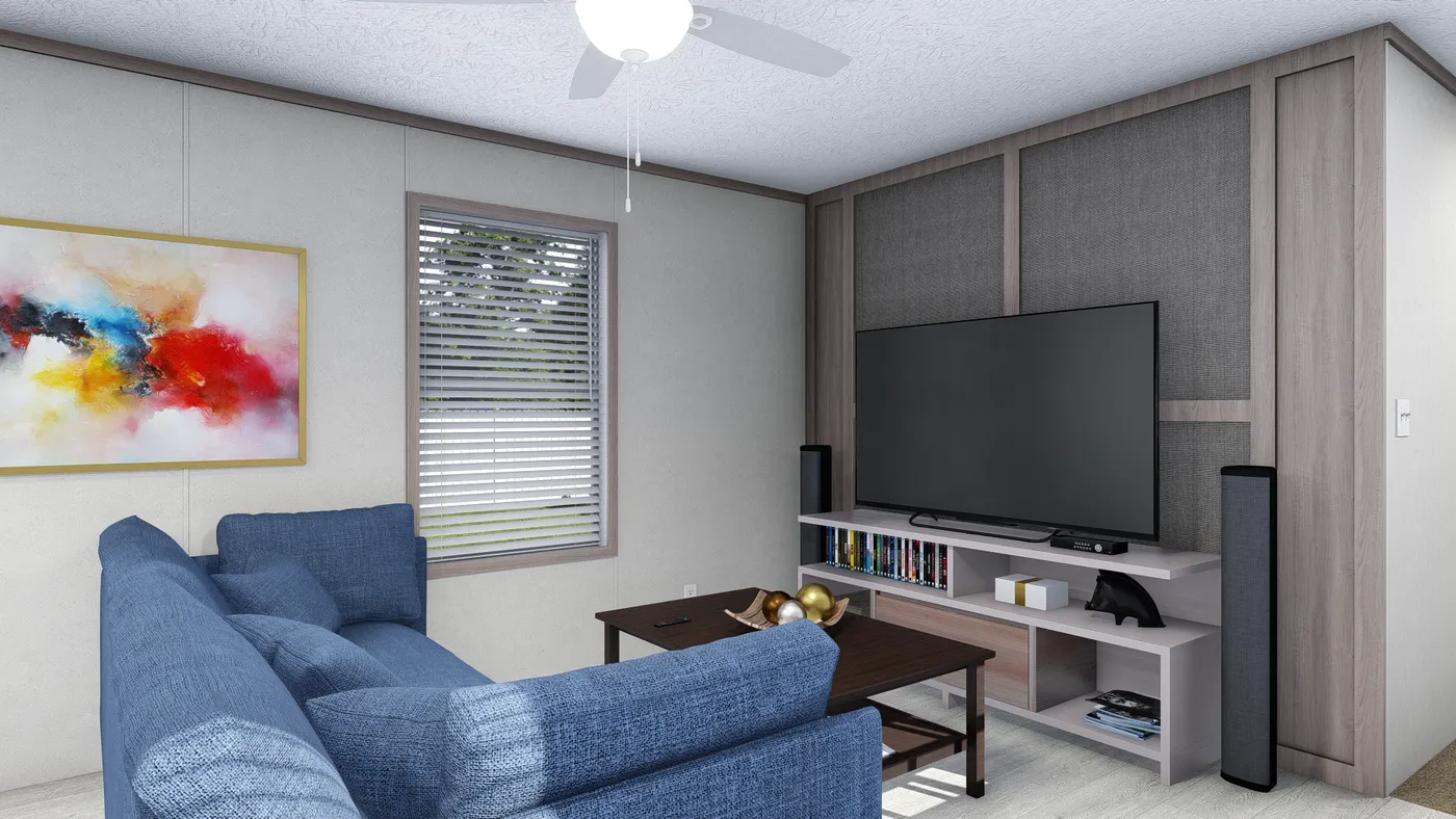 The 6614-4701 THE PULSE Living Room. This Manufactured Mobile Home features 3 bedrooms and 2 baths.