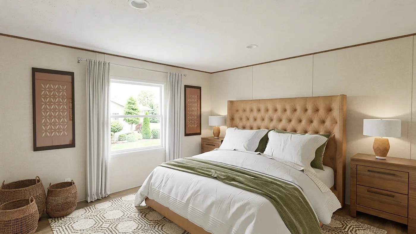 The MAPLE Primary Bedroom. This Manufactured Mobile Home features 3 bedrooms and 2 baths.