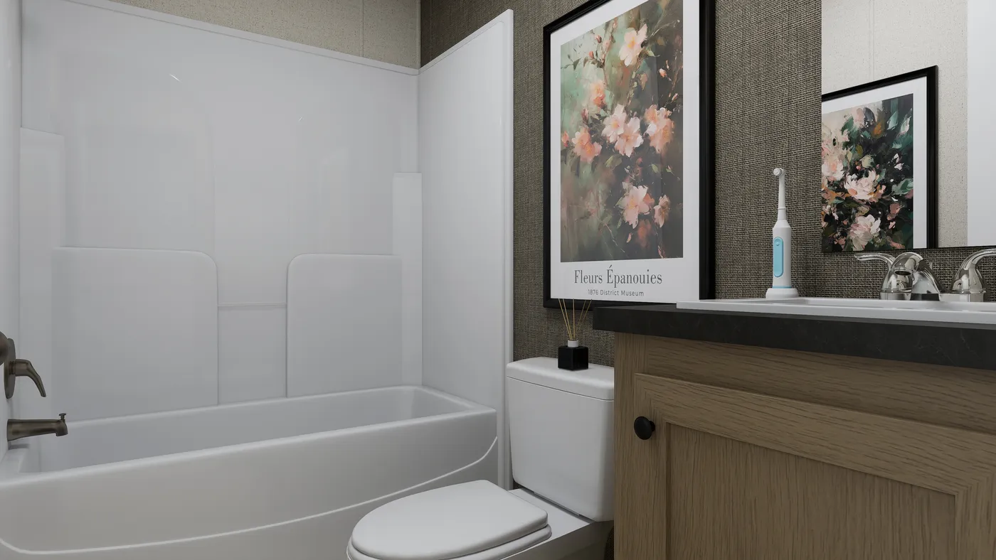 The ROCKY CREST Guest Bathroom. This Manufactured Mobile Home features 3 bedrooms and 2 baths.