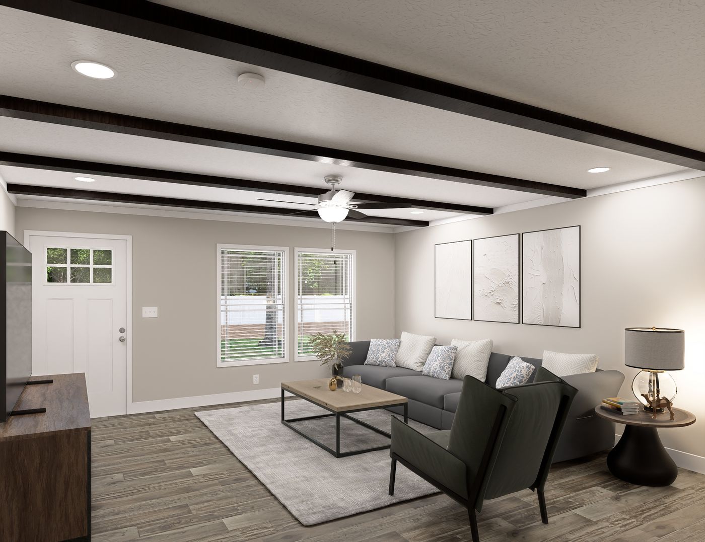 The BROOKLINE FLEX 32 WIDE Living Room. This Manufactured Mobile Home features 4 bedrooms and 3 baths.